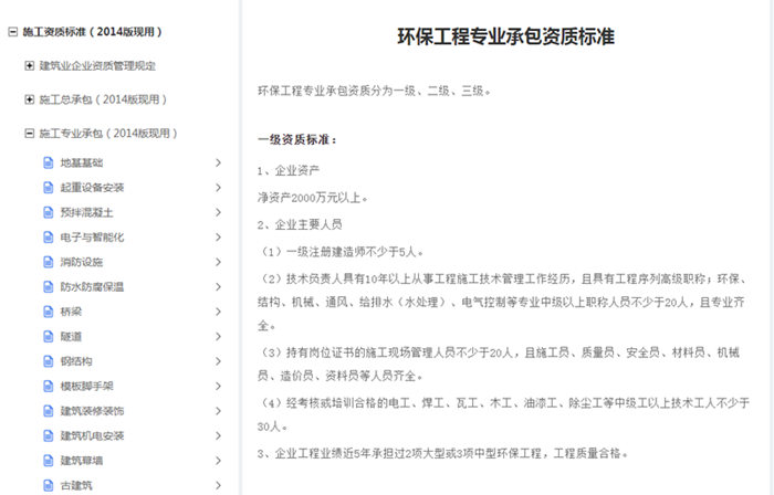 环保专业承包一级资质标准查询